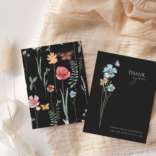 Simple Black Colorful Wildflower Floral Wedding Thank You Card