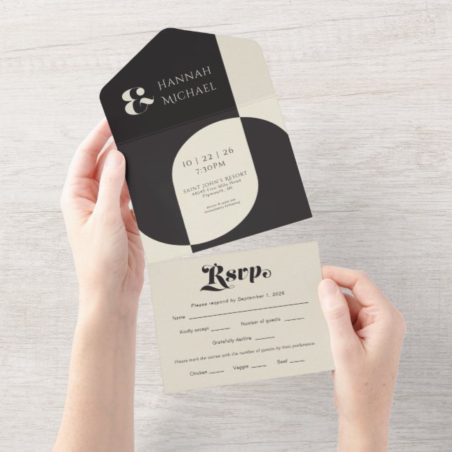 Simple Black Cream Retro All In One Invitation (Tearaway)