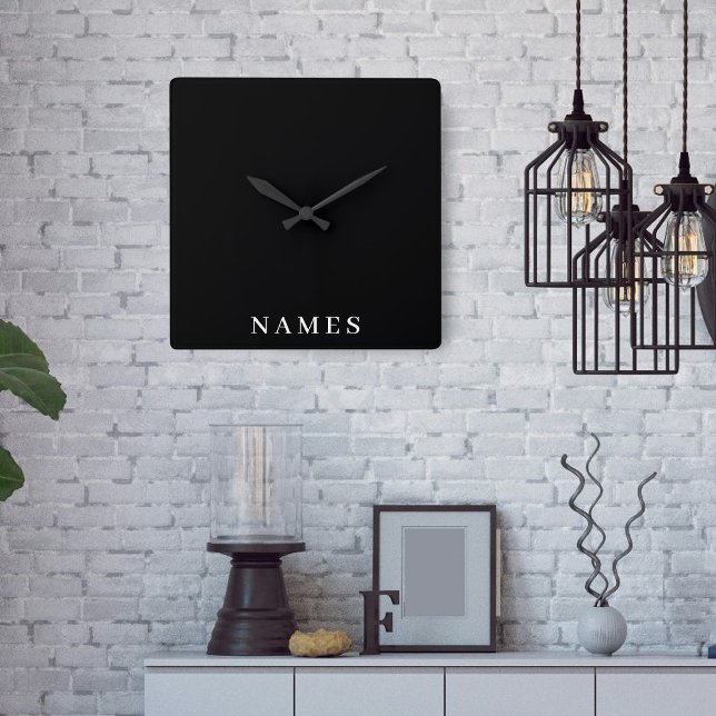 Simple Black Custom Add Your Name Elegant Square Wall Clock (Creator Uploaded)