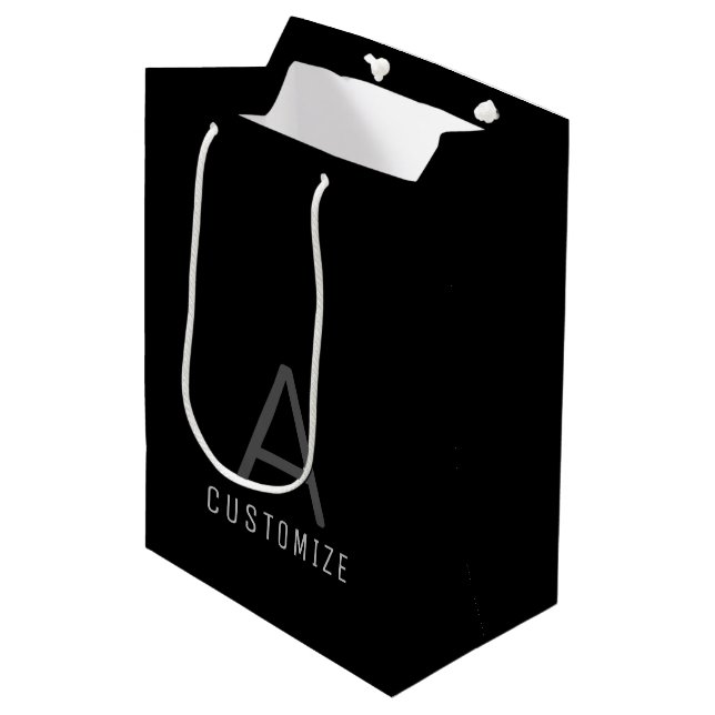 Simple Black Custom Initial Name Modern Medium Gift Bag (Front Angled)