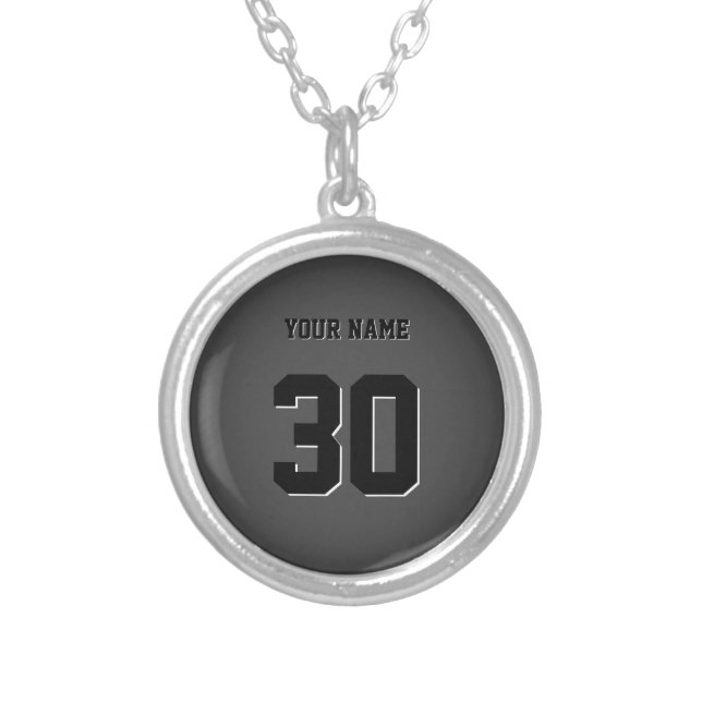 Simple Black Custom Number and Name Silver Plated Necklace (Front)