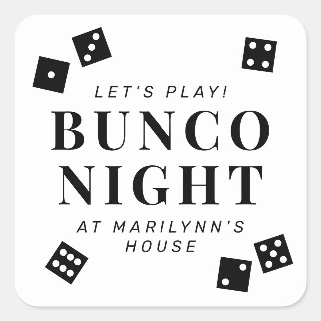 Simple Black Dice Bunco Night Personalized Square Sticker (Front)