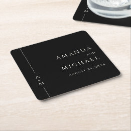 Simple Black Elegant Classic Monogram Wedding Square Paper Coaster
