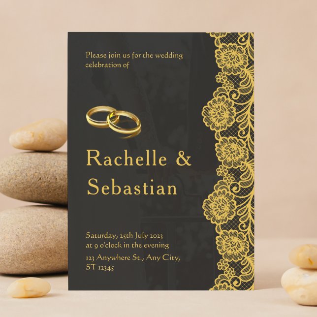 Simple Black Elegant Gold Floral Wedding  Invitation (Creator Uploaded)