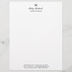 Simple Black Elegant Monogram Name Title Unlined Letterhead