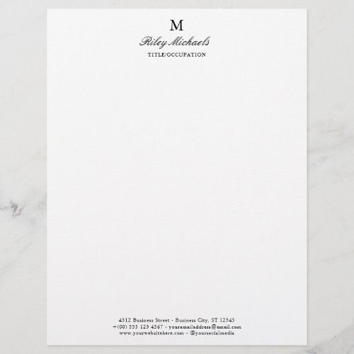 Simple Black Elegant Monogram Name Title Unlined Letterhead