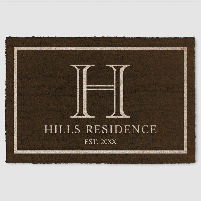 Simple Black Family Name Monogram Fiber Doormat (Front)