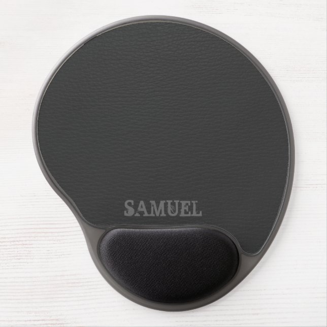 Simple Black Faux Leather Look Monogram Gel Mouse Pad (Front)
