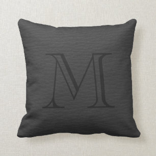 Simple Black Faux Leather Look Monogram Throw Pill Pillow