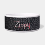 Simple Black Faux Leather Name Ceramic Pet Bowl<br><div class="desc">A faux black leather encircles this simple bowl with a simple minimalist look. It features your best friend's name in a white fun font,  shaddowed with red. Just substitute your pet's name by clicking the "personalize" link.</div>