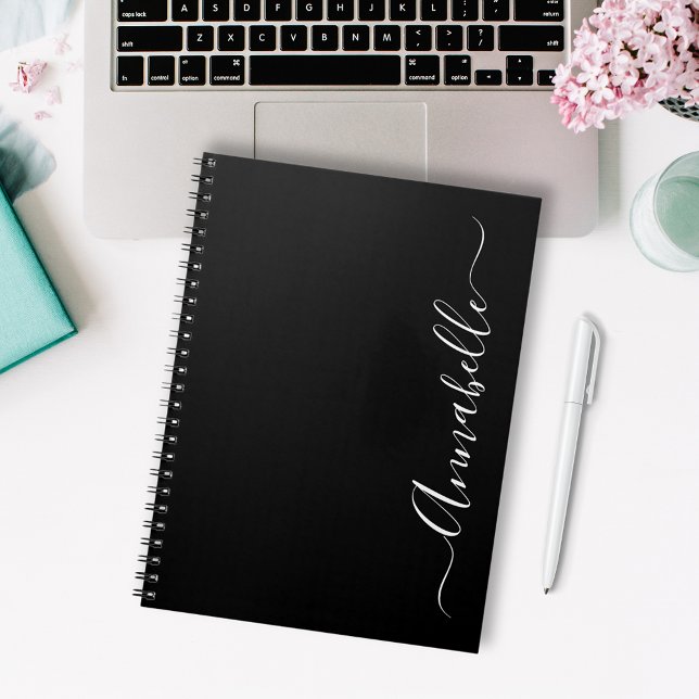 Simple Black First Name Script Notebook (Modern black personalized notebook.  Customize with your first name in elegant script typography)