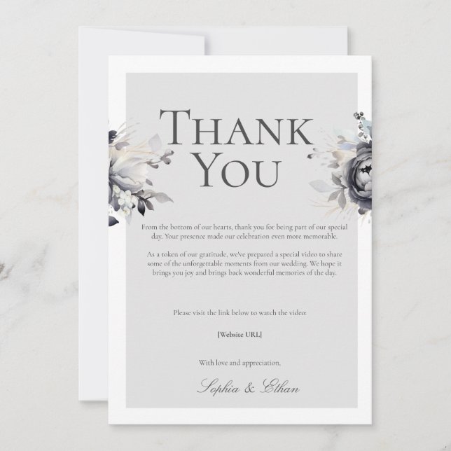 Simple Black Floral Digital Thank You Card (Front)