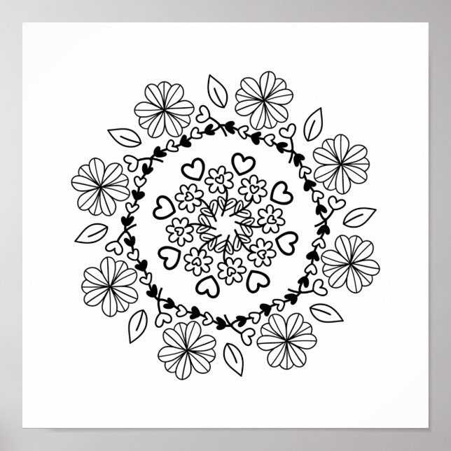 Simple black floral mandala on a white background poster (Front)