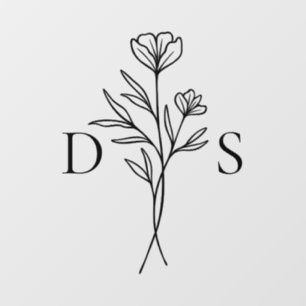 Simple Black Floral Outline Monogram Wedding Floor Decals