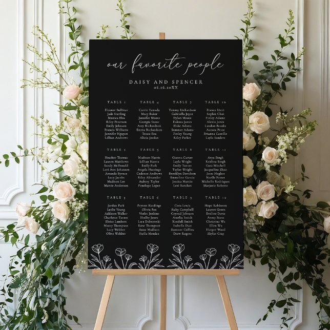 Simple Black Floral Outline Wedding Seating Chart Foam Board (Creator Uploaded)