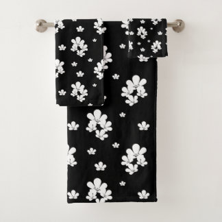 Simple black floral pattern tiny white flowers bath towel set