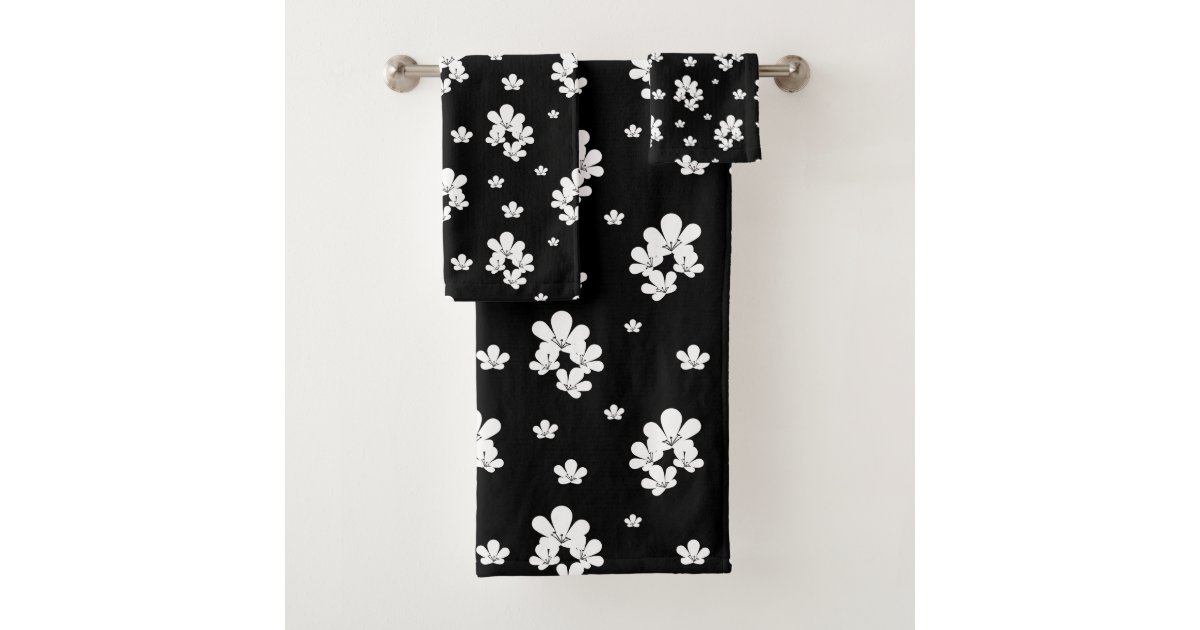 Simple black floral pattern tiny white flowers bath towel set | Zazzle