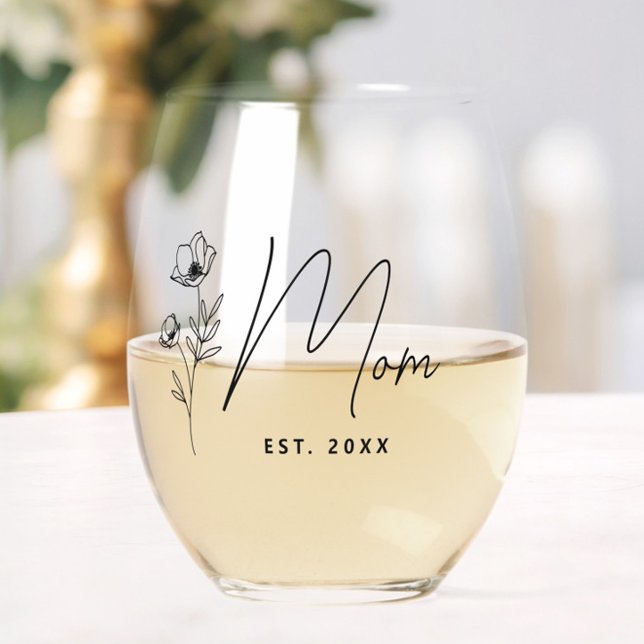 Simple Black Floral Personalized Mom Stemless Wine Glass (Elegant New Mom Floral Wine Glass, Mother's Day Gift, Est. 2025, Modern, Script, Baby Shower )