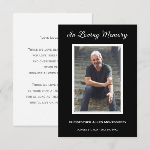 Simple Black Funeral Photo Memorial Prayer Card
