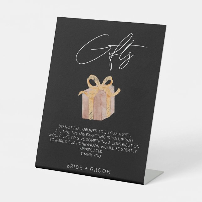 Simple black gift registry honeymoon fund wedding  pedestal sign (Front)