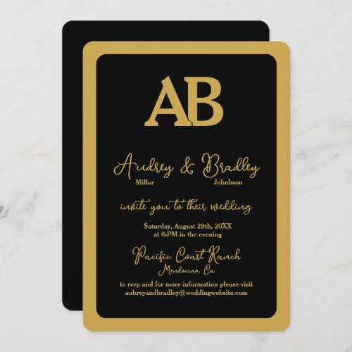 Simple Black Gold 2 Letter Monogram Wedding Invitation