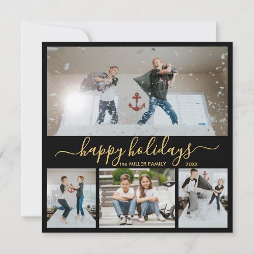Simple Black Gold 4 Photo Collage Happy Holiday Card