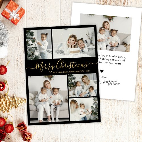 Simple Black Gold 5 Photo Collage Christmas Holiday Card