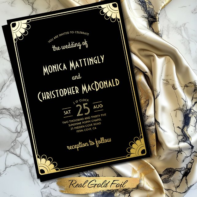Simple Black Gold Art Deco Retro Floral Wedding Foil Invitation (Chic black and gold art deco floral wedding invite with real gold foil)