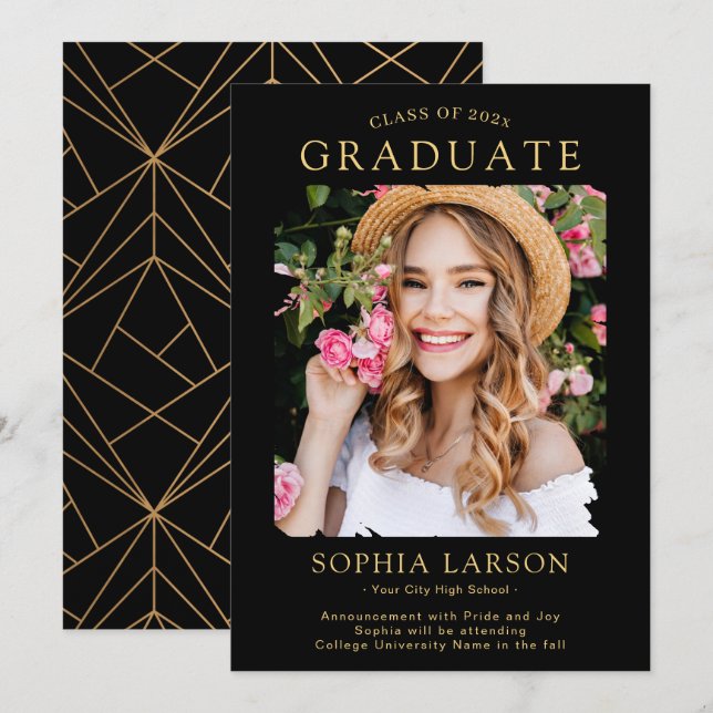 Simple Black Gold Brush Stroke Photo Graduation Announcement (Front/Back)