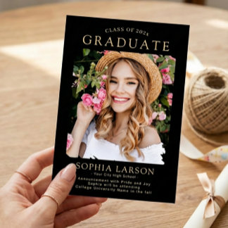 Simple Black Gold Brush Stroke Photo Graduation Announcement