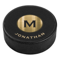 Simple Black Gold Classic Monogram Name Hockey Puck