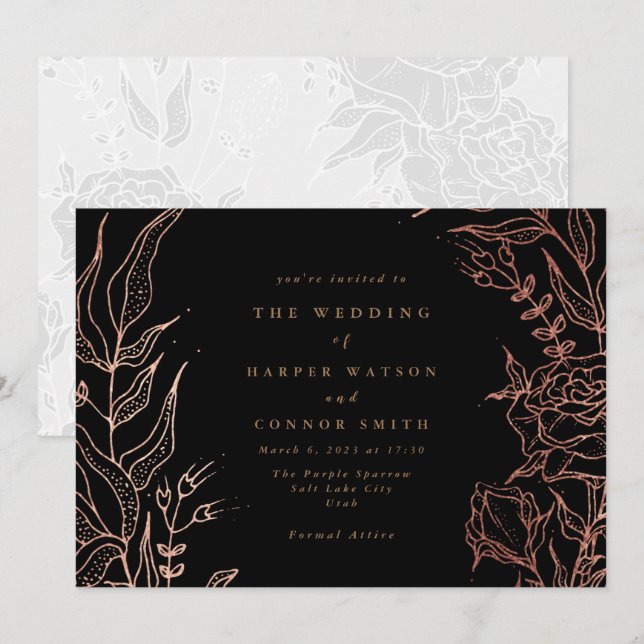 Simple Black Gold Copper Elegant Floral Wedding Invitation (Front/Back)