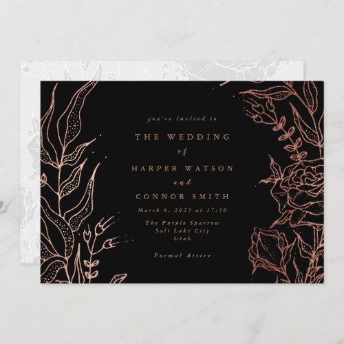 Simple Black Gold Copper Elegant Floral Wedding Invitation