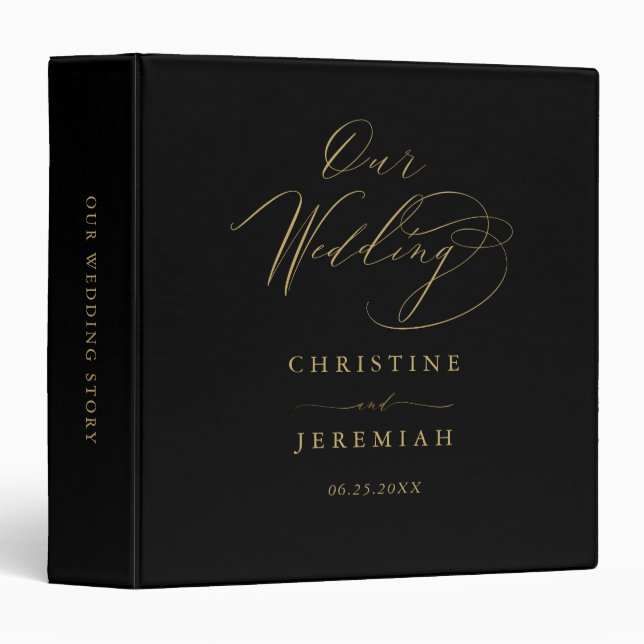 Simple Black Gold Elegant Script Wedding Album 3 Ring Binder (Front/Spine)