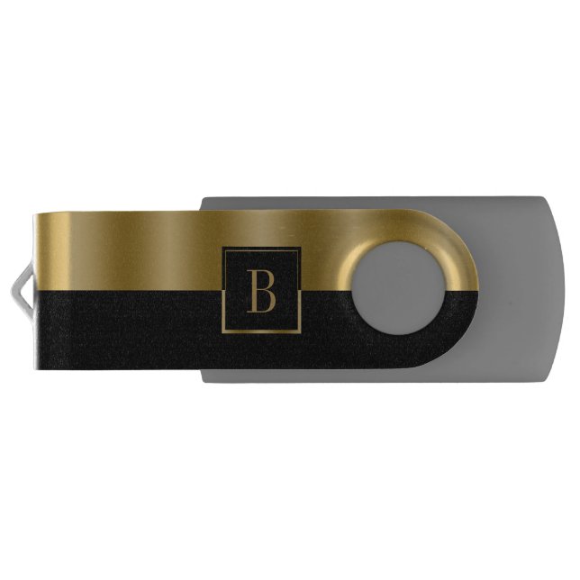 Simple Black & Gold Geometric Design Monogram USB Flash Drive (Back)