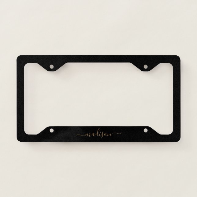 Simple Black Gold Girly Feminine Chic Script Name License Plate Frame (Front)