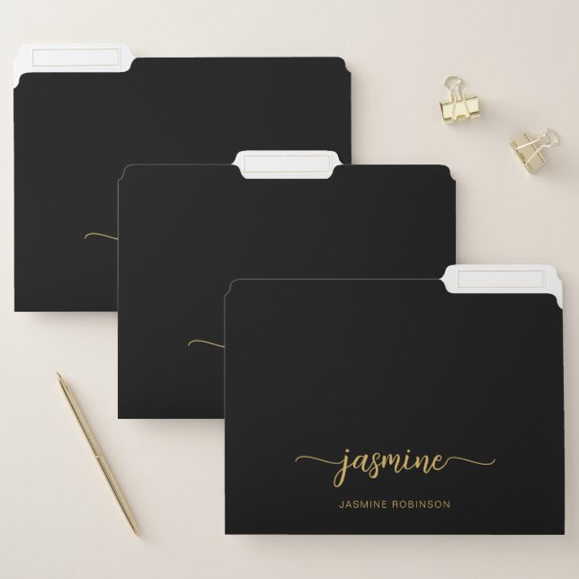 Simple Black Gold Girly Monogram Name Script File Folder (Set)
