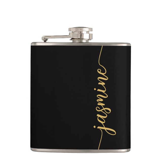 Simple Black Gold Girly Monogram Name Signature Flask (Front)