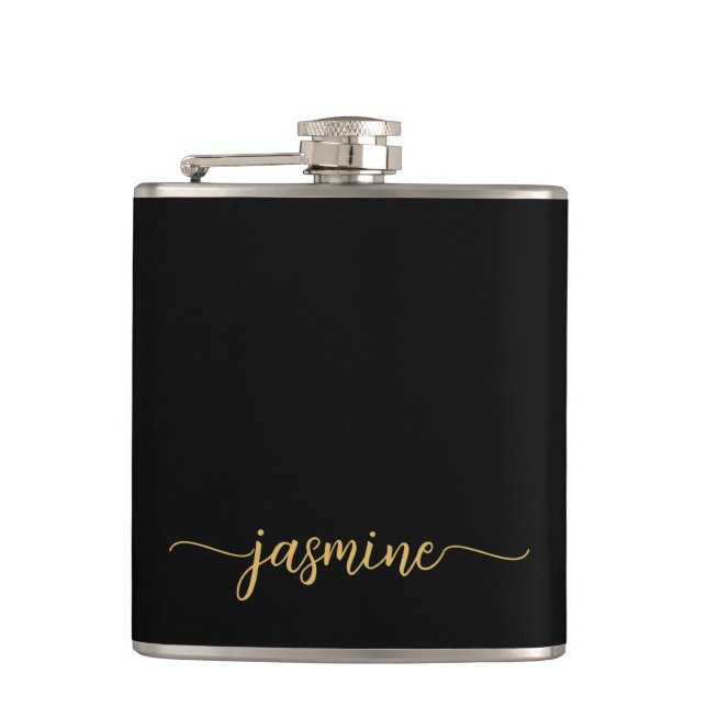 Simple Black Gold Girly Monogram Name Signature Flask (Front)