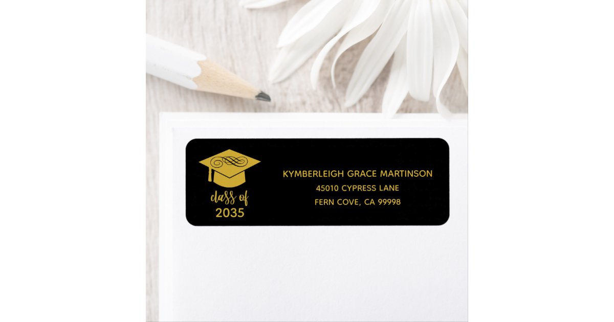 simple-black-gold-graduation-cap-return-address-label-zazzle