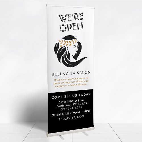 Simple Black Gold Hair Salon Logo Covid Were Open Retractable Banner