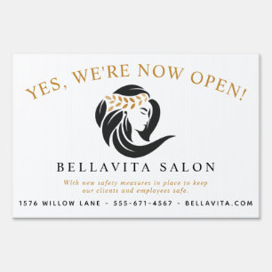 Simple Black Gold Hair Salon Logo We're Now Open Sign