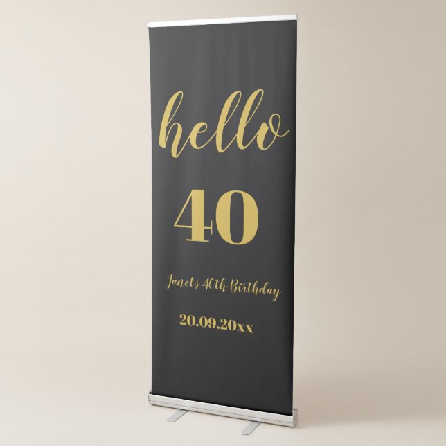 Simple Black & Gold Hello 40th 50th Birthday Party Retractable Banner (3/4)