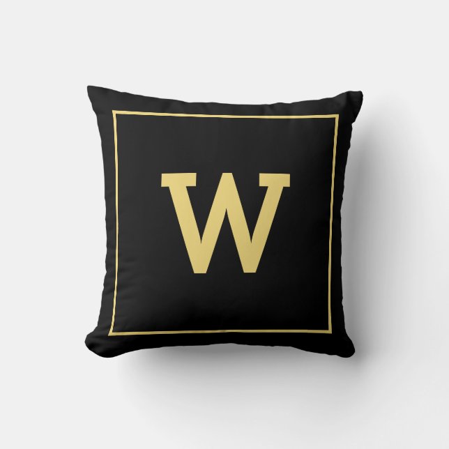 Simple Black Gold Initial Monogram Throw Pillow (Front)