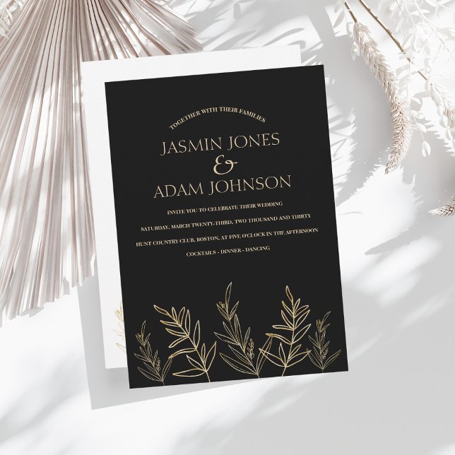 Simple Black Gold Leaf Wedding Invitation (Creator Uploaded)