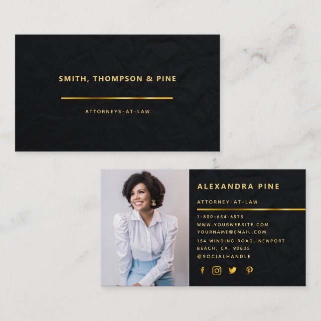 Simple Black Gold Line Corporate Photo Business Card (Front/Back)