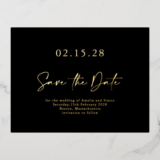 Simple Black Gold Luxe Foil Save the Date Postcard (Front)