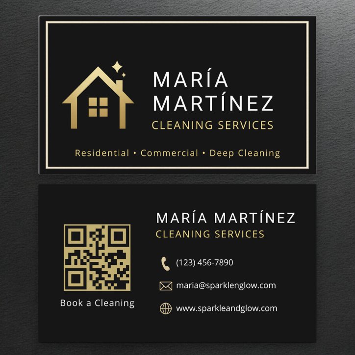 Simple Black Gold Maid Service QR Code Business Card