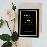 Simple Black & Gold Modern Elegant Photo Wedding Foil Invitation<br><div class="desc">Simple Black & Gold Modern Elegant Photo Wedding Invitation. Minimalist, modern wedding invitation featuring your wedding details in white lettering with your names in gold foil on a black background. This trendy wedding invitation displays your engagement photo on the back. To customize with your own details, simply click on "Personalize"....</div>