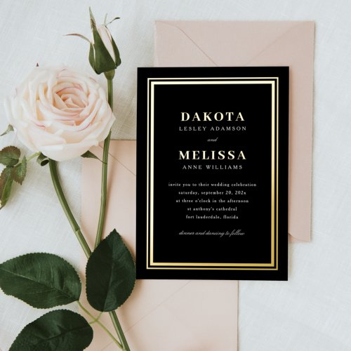 Simple Black  Gold Modern Elegant Photo Wedding Foil Invitation